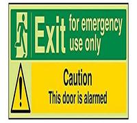 VSafety 21012BJ-G Safe Condition Exit Sign, Exit For Emergency Use Only/Door Alarmed, Landscape, 1 mm Glow In The Dark Plastic, 450 mm x 150 mm, Black, Green, Yellow