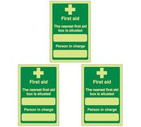 VSafety 31010AG-G "The Nearest First Aid Box Is Situated" First Aid General Sign, Glow In The Dark, 1 mm Plastic, Portrait, 100 mm x 150 mm, Green (Pack of 3)
