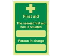 Vsafety 31010AU-G'The Nearest First Aid Box Is Situated' First Aid General Sign, Glow In The Dark, 1 mm Plastic, Portrait, 200 mm x 300 mm, Green