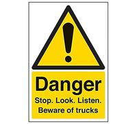 Vsafety 64005AU-R'Danger Stop, Look, Listen/Beware Trucks' Sign, 200 mm x 300 mm (Pack of 3)