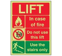 VSafety 65005AU-G "Lift Fire Notice" Warning Machinery Sign, Glow In The Dark, 1 mm Plastic, Portrait, 200 mm x 300 mm, Black/Green/Red