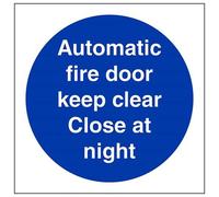 VSafety Automatic Fire Door Keep Clear. Close At Night Sign - Square - 100mm x 100mm - 1mm Rigid Plastic