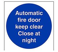 VSafety Automatic Fire Door Keep Clear. Close At Night Sign - Square - 200mm x 200mm - 1mm Rigid Plastic
