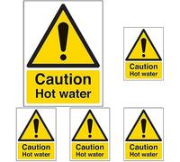 VSafety Caution Hot Water Sign - Portrait - 150mm x 200mm - Self Adhesive Vinyl (Pack of 5)