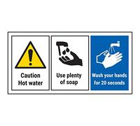 Vsafety Caution Hot Water/Wash Hands For 20 Seconds - 200mm x 100mm - Self Adhesive Vinyl