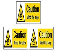 VSafety Caution Mind The Step Sign - Landscape - 300mm x 100mm - 1mm Rigid Plastic (Pack of 3)