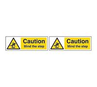 VSafety Caution Mind The Step Sign - Landscape - 300mm x 100mm - 2mm Rigid Plastic (Pack of 2)