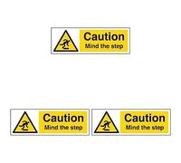 VSafety Caution Mind The Step Sign - Landscape - 300mm x 100mm - Self Adhesive Vinyl (Pack of 3)