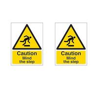 VSafety Caution Mind The Step Sign - Portrait - 150mm x 200mm - 2mm Rigid Plastic (Pack of 2)