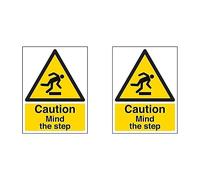 VSafety Caution Mind The Step Sign - Portrait - 200mm x 300mm - 2mm Rigid Plastic (Pack of 2)