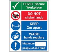 Vsafety COVID-Secure Workplace - Do Not Shake/Wash Hand - 300mm x 400mm - 1mm Rigid Plastic