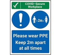Vsafety COVID-Secure Workplace - PPE/Keep 2m Apart - 150mm x 200mm - 1mm Rigid Plastic