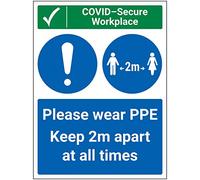 Vsafety COVID-Secure Workplace - PPE/Keep 2m Apart - 300mm x 400mm - 1mm Rigid Plastic