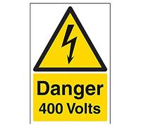 VSafety Danger 400 Volts Warning Sign - Portrait - 200mm x 300mm - Self Adhesive Vinyl