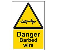 VSafety Danger Barbed Wire Sign - Portrait - 200mm x 300mm - Self Adhesive Vinyl