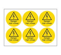 VSafety Danger High Voltage Sign - Sheet of 6 Labels - 65mm Dia - Self Adhesive Vinyl