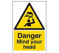 VSafety Danger Mind Your Head Sign - Portrait - 200mm x 300mm - Self Adhesive Vinyl