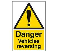VSafety Danger Vehicles Reversing Sign - Portrait - 200mm x 300mm - Self Adhesive Vinyl