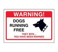 VSafety Dogs Running Free, They Bite. - 1mm Rigid Plastic -150mm x 100mm Sign - 1mm Rigid Plastic
