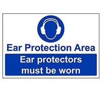 VSafety Ear Protection Area/Ear Protectors Must Be Worn PPE Sign - Landscape - 300mm x 200mm - 1mm Rigid Plastic