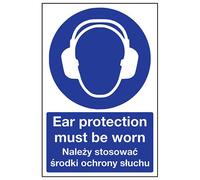 VSafety English/Polish Sign - Ear Protection Must Be Worn - Self Adhesive - 300mm x 400mm