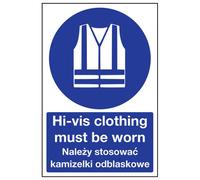 VSafety English/Polish Sign - Hi-Viz Must Be Worn - Rigid Plastic - 200mm x 300mm