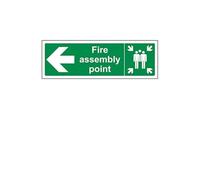 VSafety Fire Assembly Point Arrow Left Sign - Landscape - 300mm x 100mm - 1mm Rigid Plastic (Pack of 4)