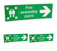VSafety Fire Assembly Point Arrow Right Sign - Landscape - 450mm x 150mm - 1mm Rigid Plastic (Pack of 3)