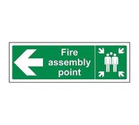 VSafety Fire Assembly Point Sign with Left Arrow - Durable 2mm Rigid Plastic Fire for Emergency Exits - Green & White Design - Landscape Safety Sign, 300mm x 100mm - Meets EN ISO Standards