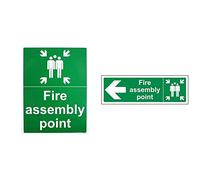 VSafety Fire Assembly Point With Family Sign - Portrait - 300mm x 400mm - 1mm Rigid Plastic & VSafety Fire Assembly Point Arrow Left Sign - Landscape - 300mm x 100mm - 1mm Rigid Plastic