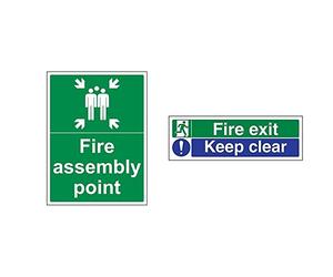 VSafety Fire Assembly Point With Family Sign - Portrait - 300mm x 400mm - 1mm Rigid Plastic & VSafety Fire Exit/Keep Clear Sign - Landscape - 300mm x 100mm - Self Adhesive Vinyl