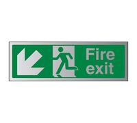 Vsafety Fire Exit Arrow Down Left Sign - 600mm x 200mm - Self Adhesive Alu Effect