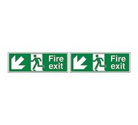 VSafety Fire Exit Arrow Down Left Sign - Landscape - 300mm x 100mm - 2mm Rigid Plastic (Pack of 2)
