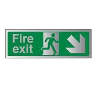 VSafety Fire Exit Arrow Down Right Sign - 450mm x 150mm - Self Adhesive Alu Effect