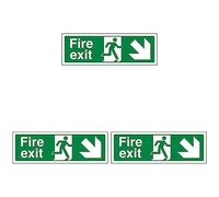 VSafety Fire Exit Arrow Down Right Sign - Landscape - 300mm x 100mm - 2mm Rigid Plastic (Pack of 3)
