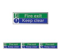 VSafety Fire Exit/Keep Clear Sign - 300mm x 100mm - Self Adhesive Alu Effect (Pack of 4)