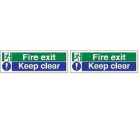 VSafety Fire Exit/Keep Clear Sign - Landscape - 300mm x 100mm - 2mm Rigid Plastic (Pack of 2)
