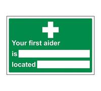 VSafety First Aider/Located Sign - Landscape - 300mm x 200mm - 1mm Rigid Plastic