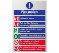 VSafety General Fire Action 6 Message Sign - 200mm x 300mm - Self Adhesive Alu Effect