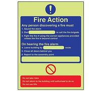 VSafety Glow In The Dark Any Person Discovering A Fire... Fire Action Notice Sign - 200mm x 300mm - Self Adhesive Vinyl