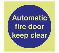 VSafety Glow In The Dark Automatic Fire Door Keep Clear Mandatory Sign - 80mm x 80mm - Self Adhesive Vinyl