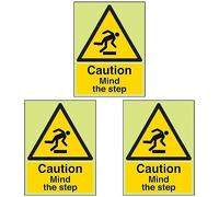 VSafety Glow In The Dark Caution Mind The Step Sign - 150mm x 200mm - Rigid Plastic (Pack of 3)
