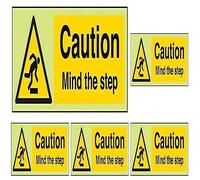VSafety Glow In The Dark Caution Mind The Step Sign - 300mm x 100mm - Rigid Plastic (Pack of 5)