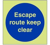 VSafety Glow In The Dark Escape Route Keep Clear Sign - 100mm x 100mm - Self Adhesive Vinyl