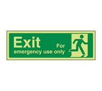 Vsafety Glow In The Dark Exit For Emergency Use Only Man Right Sign - 300mm x 100mm - Rigid Plastic