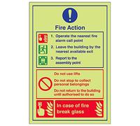 VSafety Glow In The Dark Fire Action/Proceed To Assembly Point Break Glass Sign - 200mm x 300mm - Rigid Plastic
