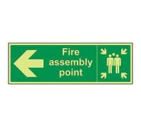 Vsafety Glow In The Dark Fire Assembly Point Arrow Left Sign - 450mm x 150mm - Rigid Plastic