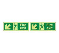 VSafety Glow In The Dark Fire Exit Arrow Down Left Sign - 300mm x 100mm - Rigid Plastic (Pack of 2)
