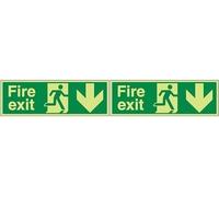 VSafety Glow In The Dark Fire Exit Arrow Down Sign - 450mm x 150mm - Rigid Plastic (Pack of 2)