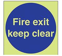 VSafety Glow In The Dark Fire Exit Keep Clear Mandatory Sign - 300mm x 300mm - Rigid Plastic